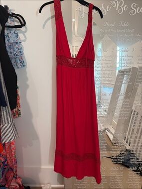 MAJORELLE Red V-Neck Maxi Dress with Lace Trim